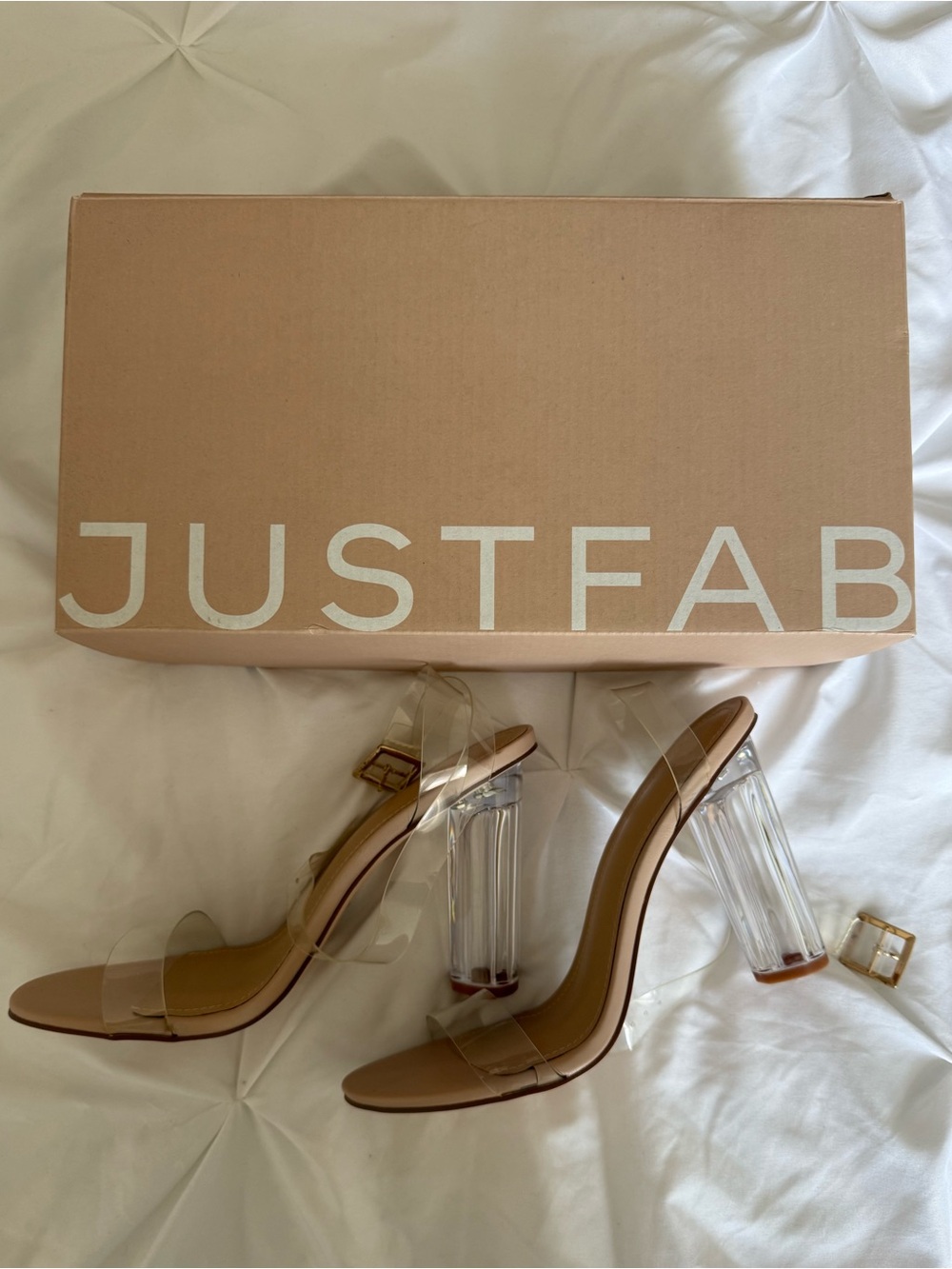 JustFab Clear Strap Block Heel Sandals in Tan Nude